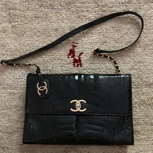 AUTHENTIC CHANEL RARE VINTAGE REAL CROC/ALLIGATOR PATENT JUMBO CHAIN FLAP BAG 🐊